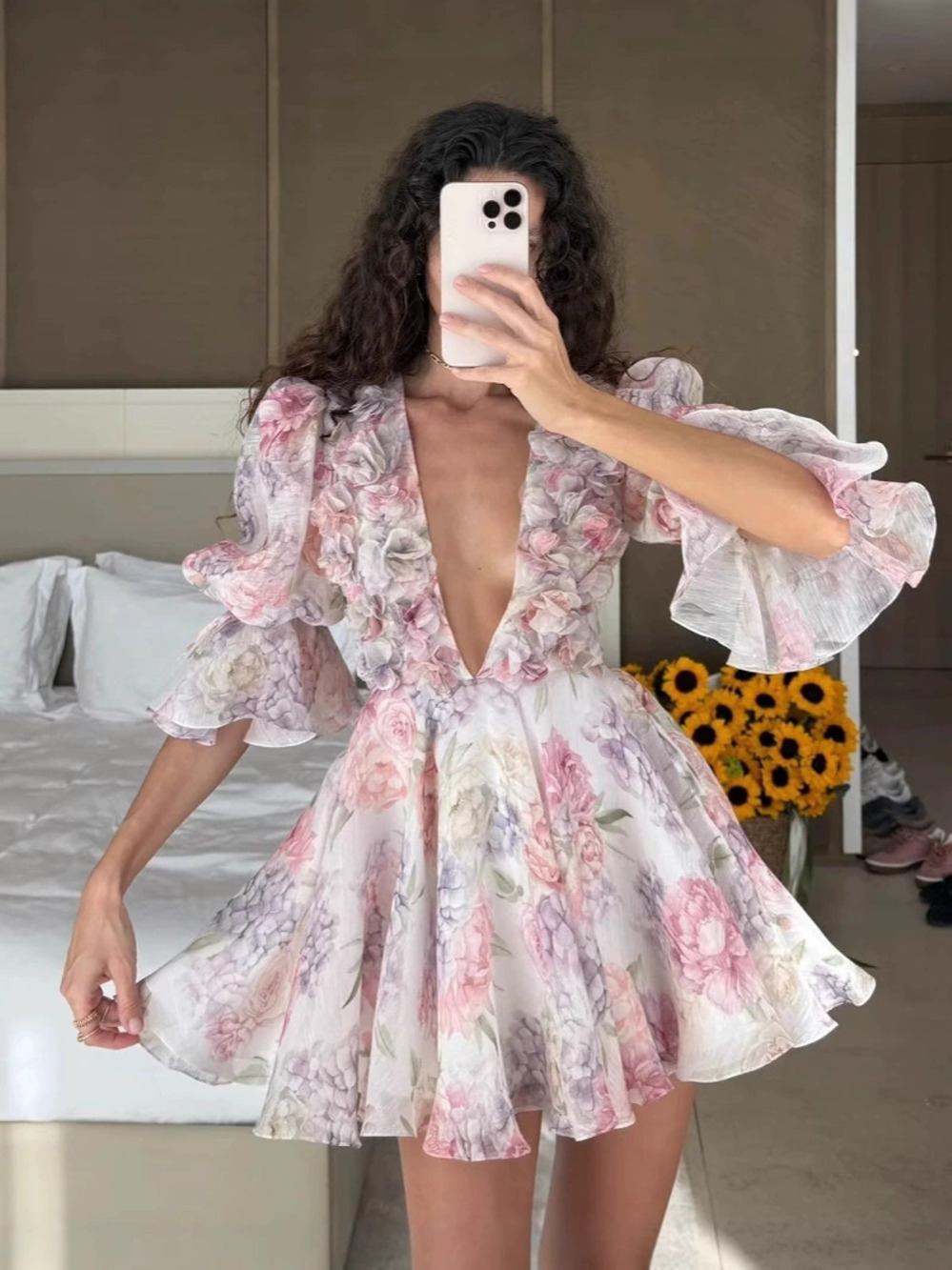 Zara Summer Vacation Mini Dress Bubble Midi Sleeves Waist Cinching Floral Print